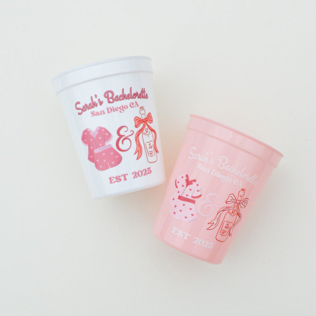 PJ's and Prosecco Bachelorette Party Cups, Pajama Bach Party Décor