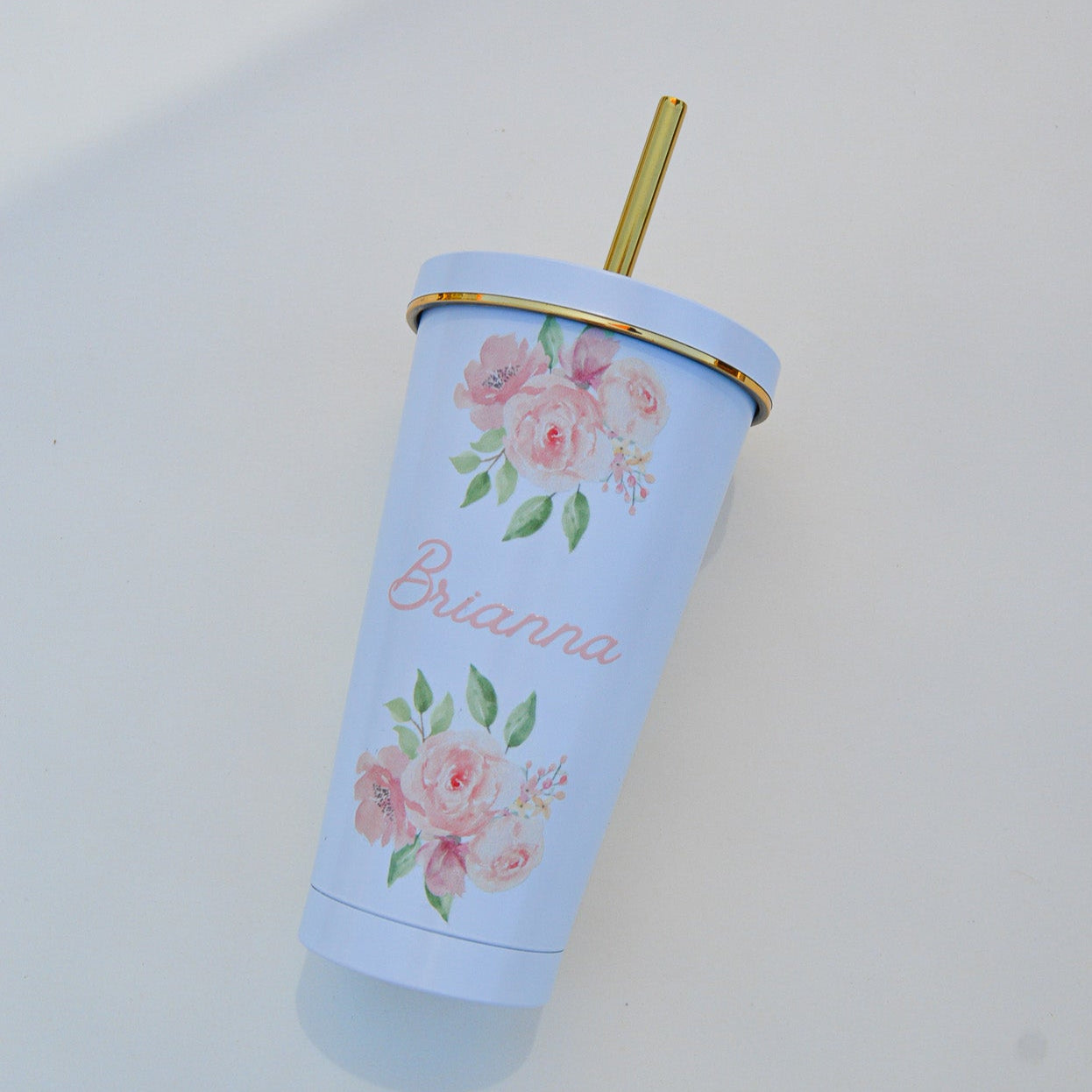 Custom Floral Name Tumbler: 16 oz Personalized Stainless Steel Cup with Straw