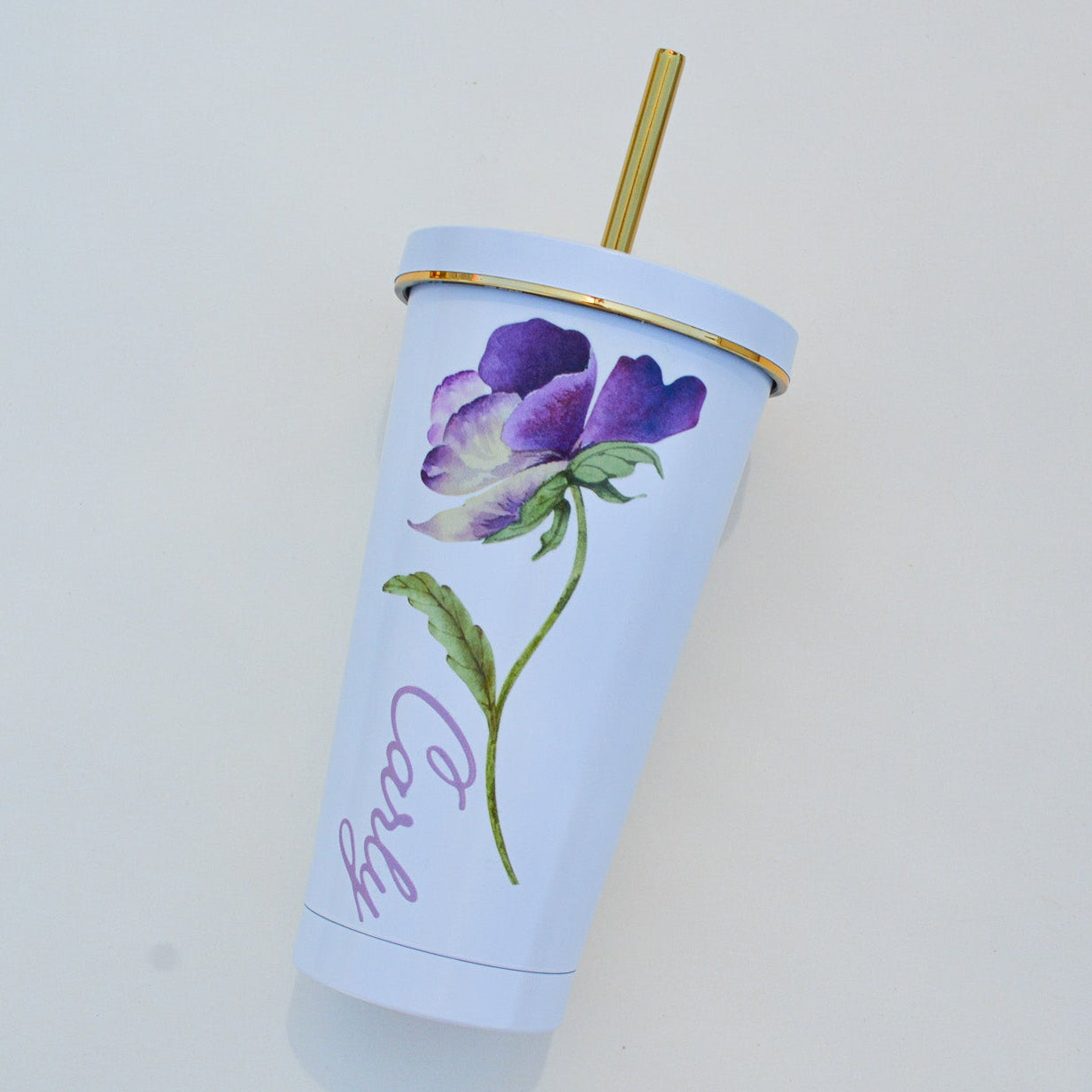 Custom Floral Name Tumbler: 16 oz Personalized Stainless Steel Cup with Straw