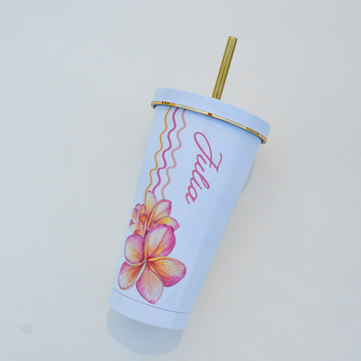Custom Floral Name Tumbler: 16 oz Personalized Stainless Steel Cup with Straw