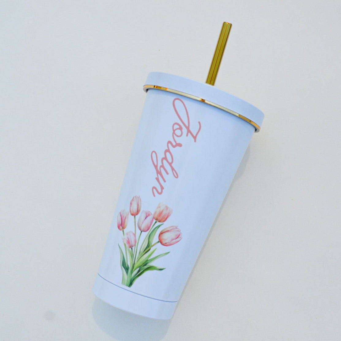 Custom Floral Name Tumbler: 16 oz Personalized Stainless Steel Cup with Straw