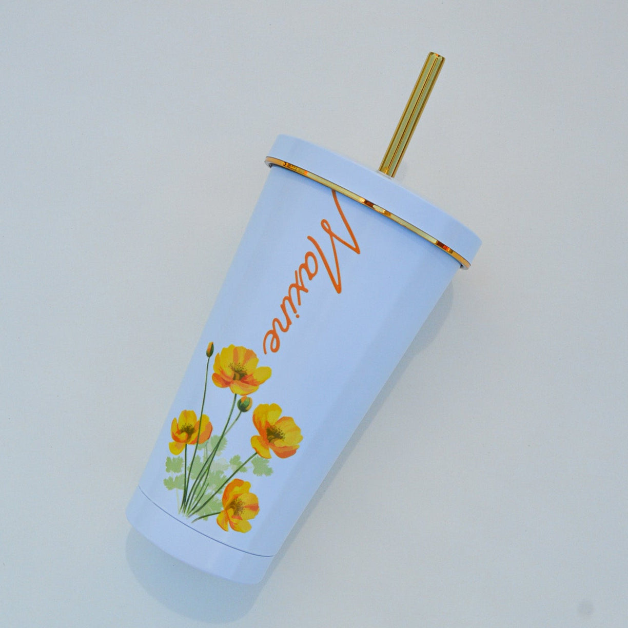 Custom Floral Name Tumbler: 16 oz Personalized Stainless Steel Cup with Straw