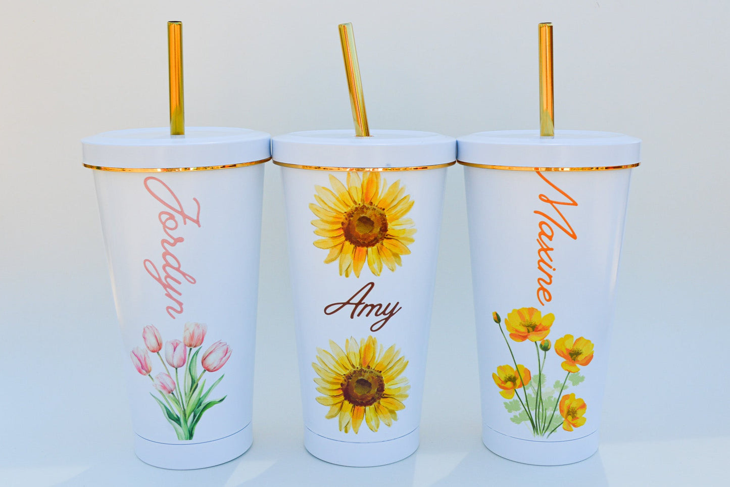 Custom Floral Name Tumbler: 16 oz Personalized Stainless Steel Cup with Straw