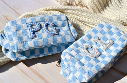 Blue Checkered Small Makeup Bag