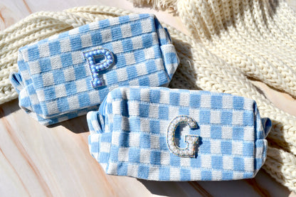 Blue Checkered Small Makeup Bag