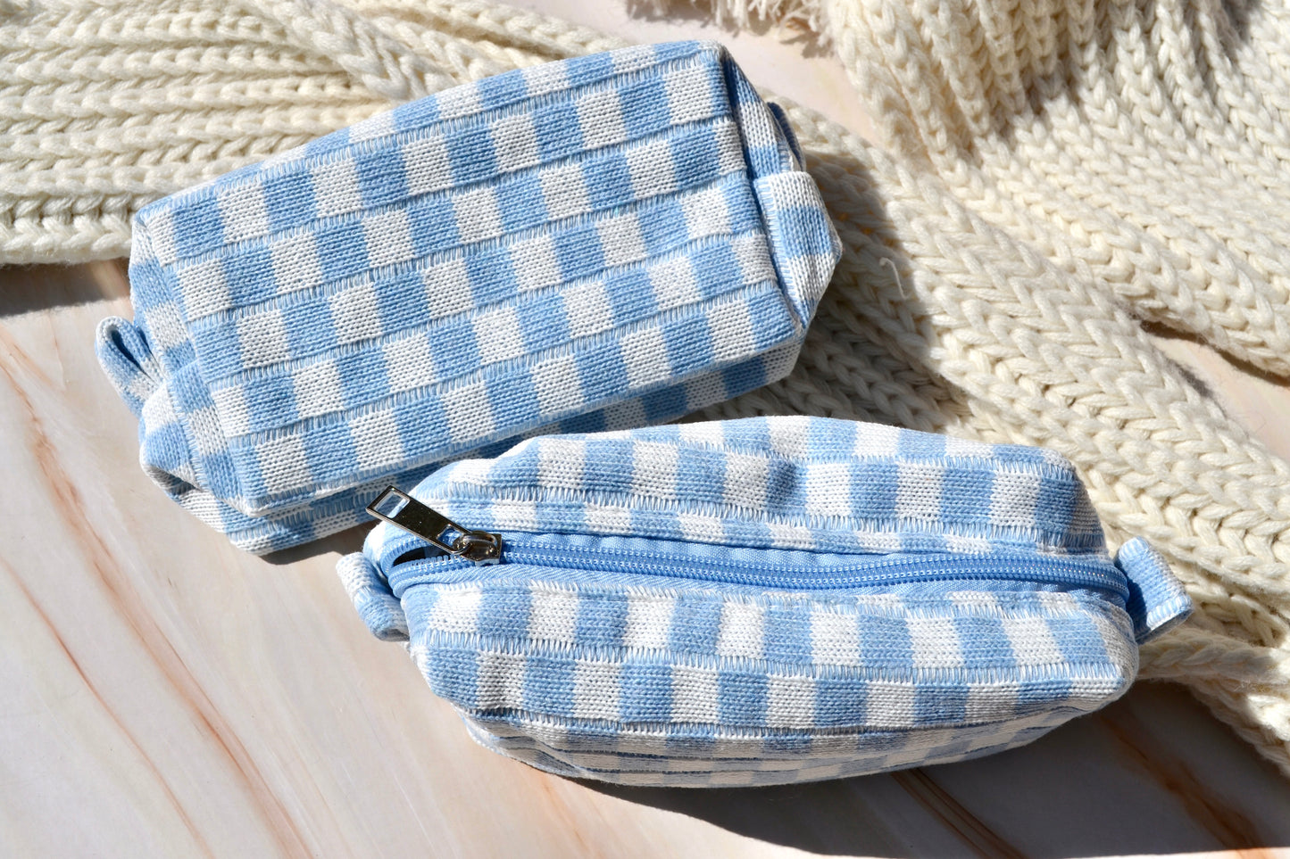 Blue Checkered Small Makeup Bag