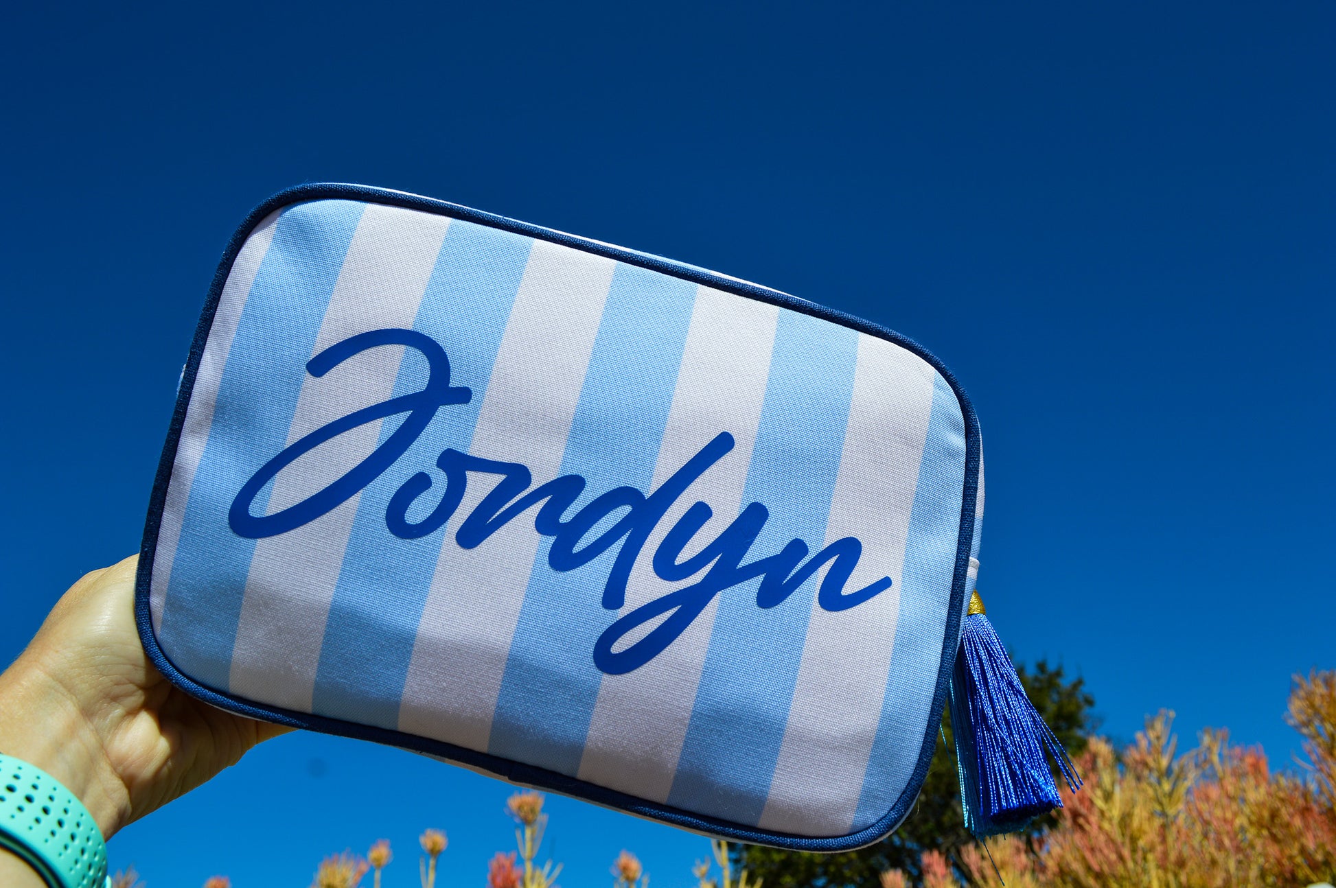 Blue and white striped pouch with 'Jordyn' written on it against a clear blue sky.