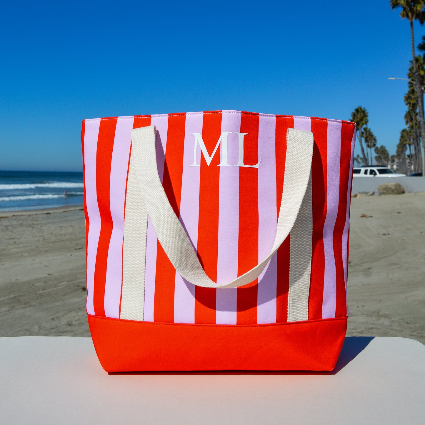 Personalized Monogram Large Striped Tote Bag, Custom Name or Initials, Bridesmaid Gift, Bachelorette Favor, Beach Bag, Sturdy Vacation Bag