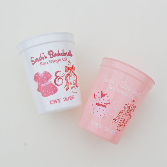 PJ's and Prosecco Bachelorette Party Cups, Pajama Bach Party Décor