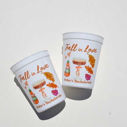 Custom Fall in Love Bachelorette Party Cups: Pumpkin Bride, Autumn Decor