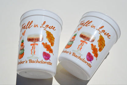 Custom Fall in Love Bachelorette Party Cups: Pumpkin Bride, Autumn Decor