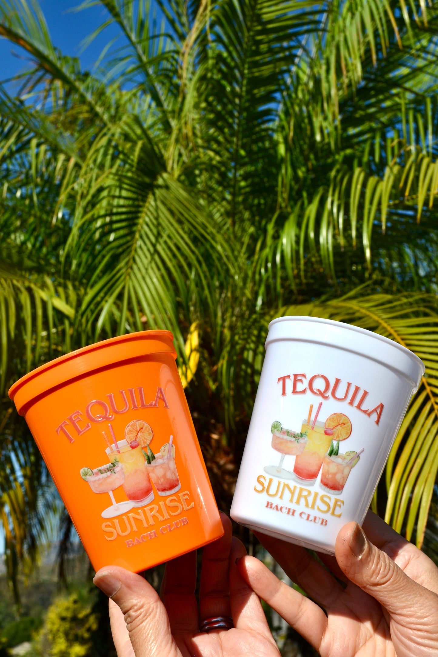 Tequila Sunrise Bachelorette Party Cups: Orange Bach Club Cocktail Design