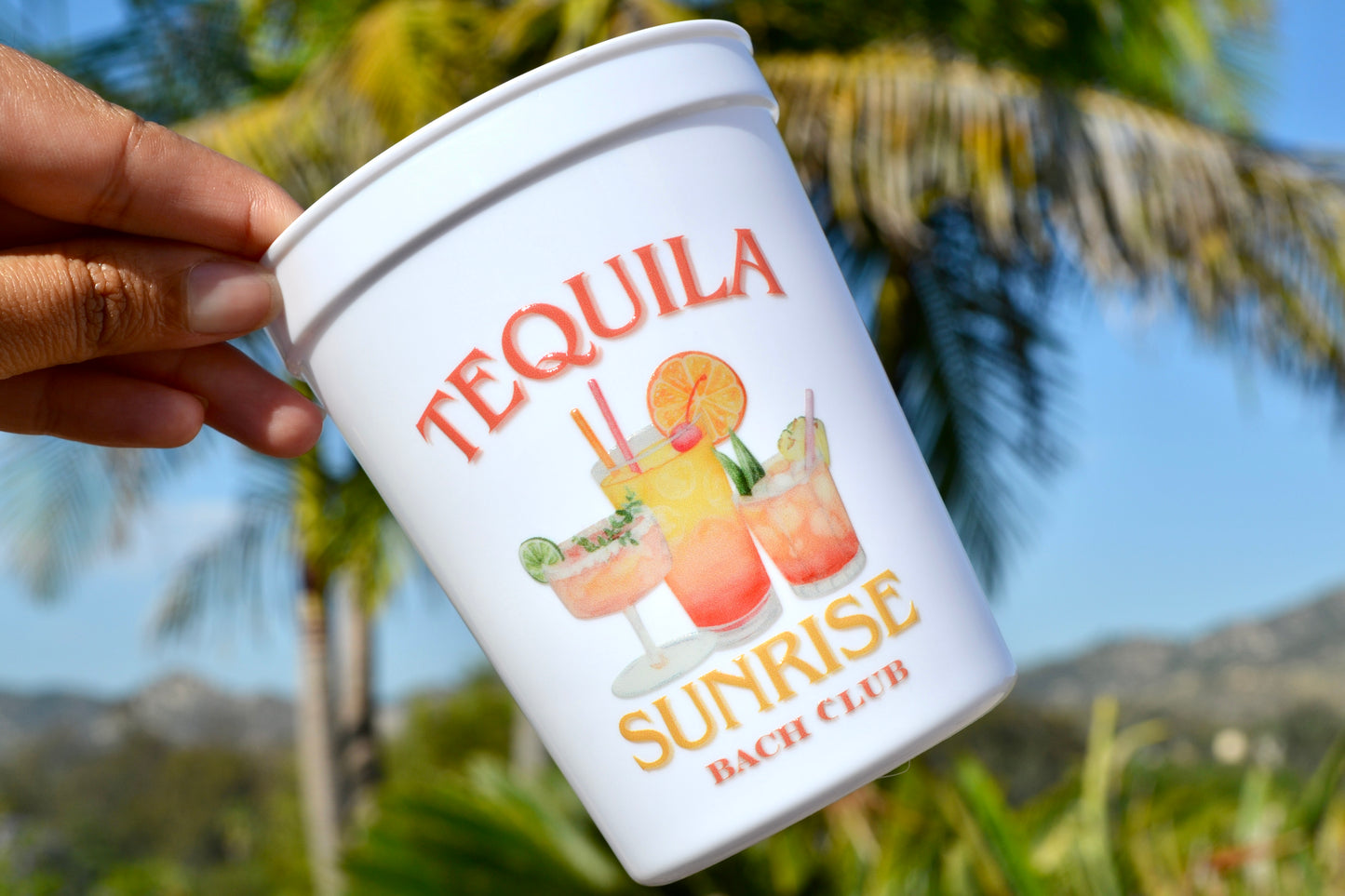 Tequila Sunrise Bachelorette Party Cups: Orange Bach Club Cocktail Design