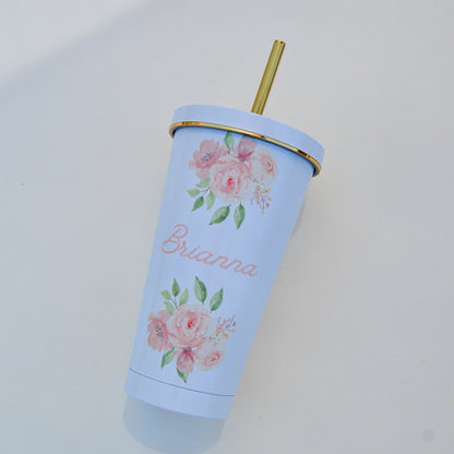 Custom Floral Name Tumbler: 16 oz Personalized Stainless Steel Cup with Straw