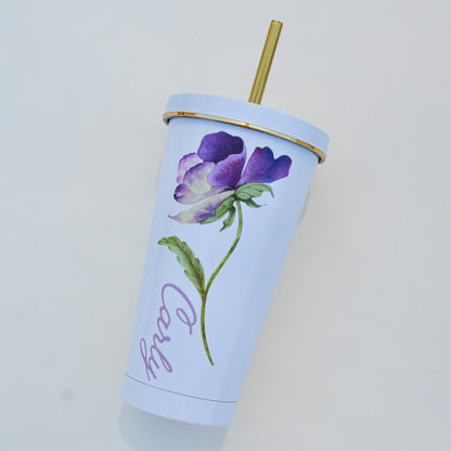 Custom Floral Name Tumbler: 16 oz Personalized Stainless Steel Cup with Straw