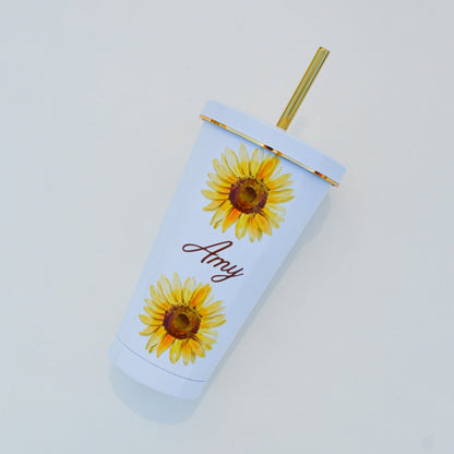 Custom Floral Name Tumbler: 16 oz Personalized Stainless Steel Cup with Straw