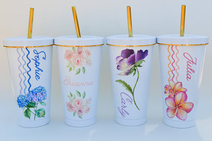 Custom Floral Name Tumbler: 16 oz Personalized Stainless Steel Cup with Straw