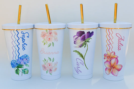 Custom Floral Name Tumbler: 16 oz Personalized Stainless Steel Cup with Straw