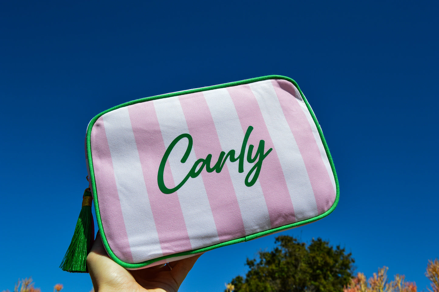 Pink striped pouch with 'Carly' written on it against a blue sky
